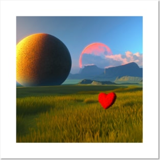 Valentine Wall Art - Heart and two moons - Unique Valentine Fantasy Planet Landsape - Photo print, canvas, artboard print, Canvas Print and T shirt Posters and Art